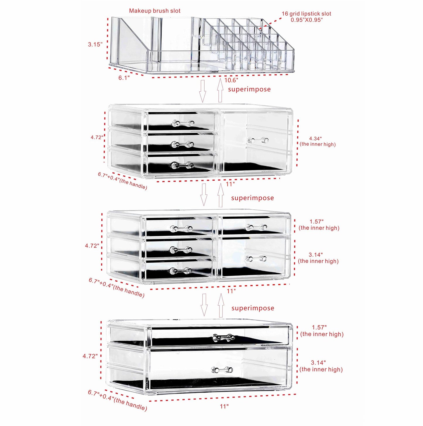 Cq acrylic Clear Makeup Storage Organizer Drawers Skin Care Large Cosmetic Display Cases Stackable Storage Box With 11 Drawers For Dresser 1 Pack