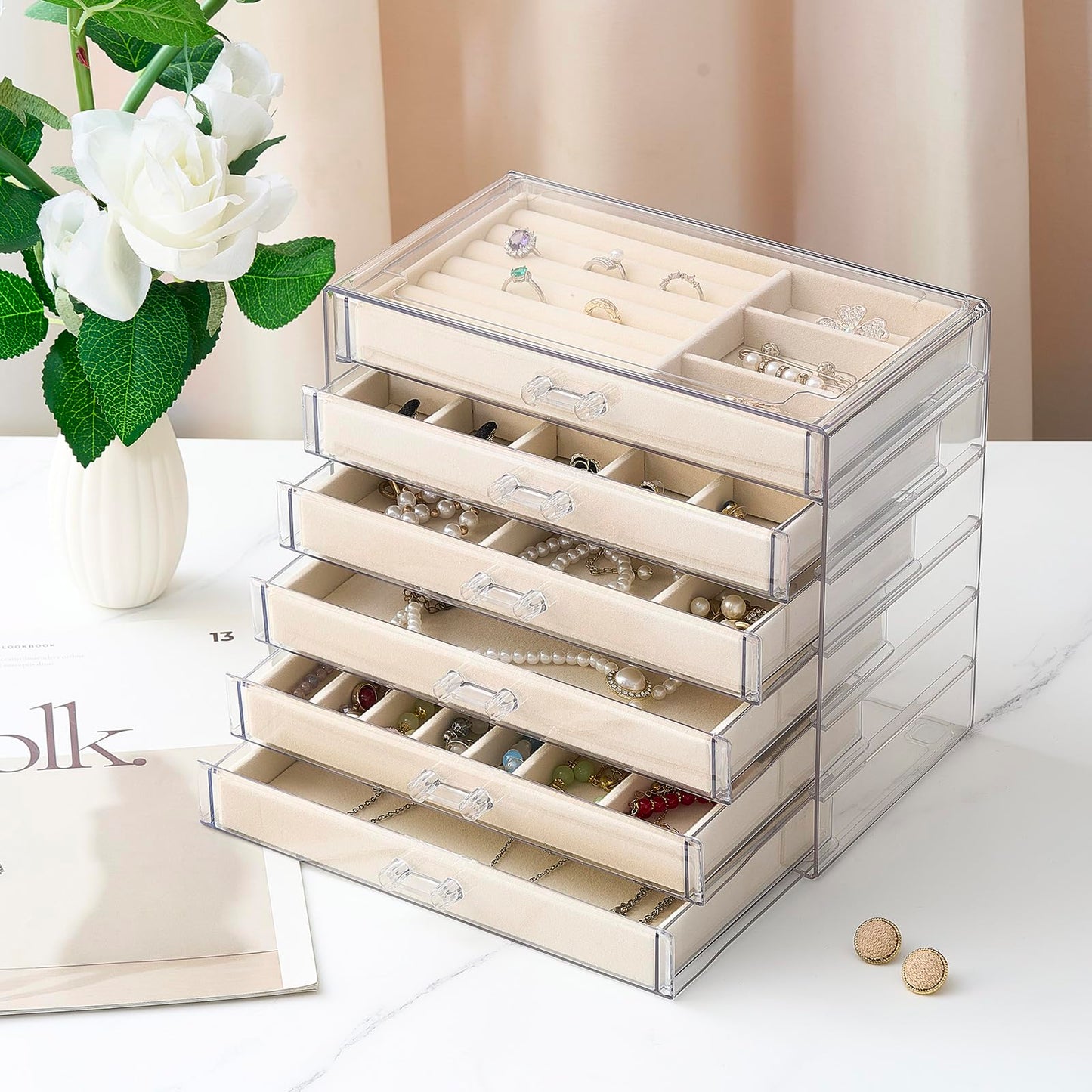 6 Drawer Clear Acrylic Jewelry Organizer with Velvet Lined Trays, Jewelry Box with Drawers for Earrings, Rings, Necklaces, Brooch, Bracelets, Watches, Stackable Storage Organizer for Women, Gift Ready