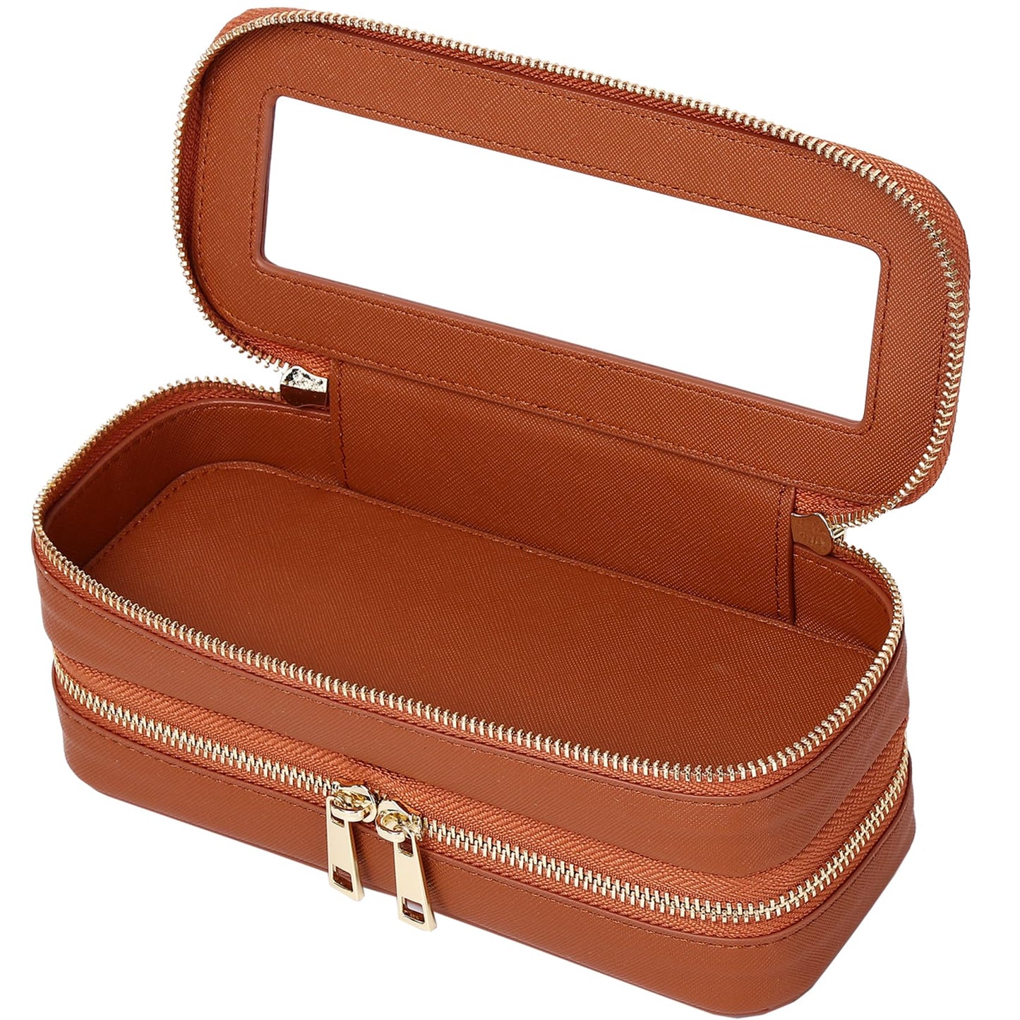 LOFOWN Double Layer Makeup Bag Makeup Brush Case Waterproof Travel Cosmetic & Toiletry Bag Purse Organizer and Car Essentials for Women (Brown, 2-Layer SLIM)