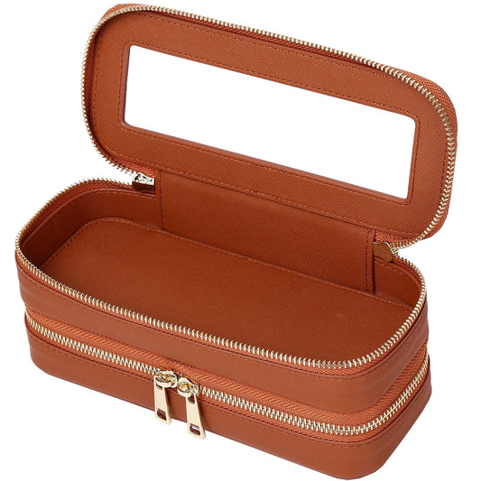 LOFOWN Double Layer Makeup Bag Makeup Brush Case Waterproof Travel Cosmetic & Toiletry Bag Purse Organizer and Car Essentials for Women (Brown, 2-Layer SLIM)