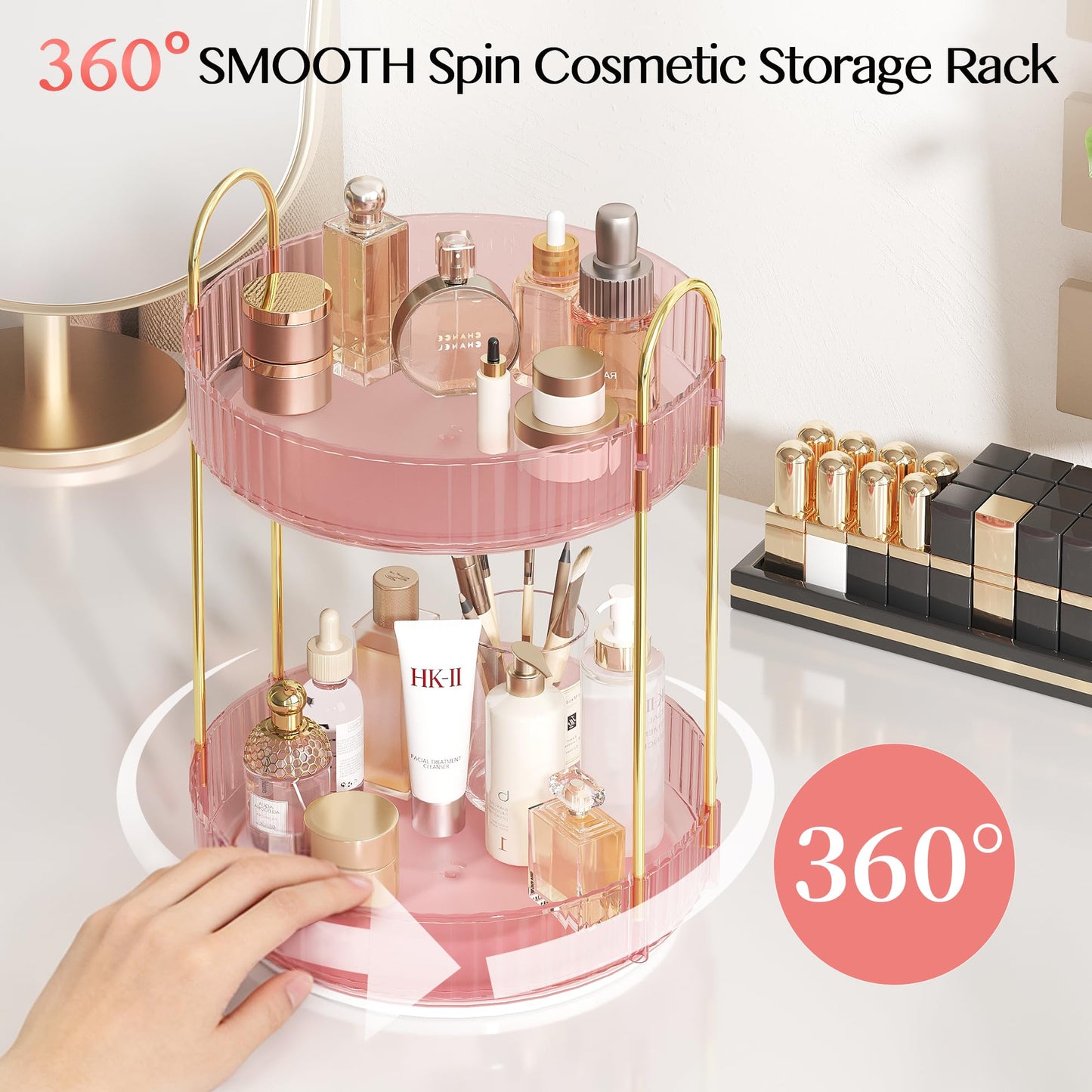 Rotating Makeup Organizer Countertop,Skincare Organizers,Spinning Perfume Tray Stand,Makeup Storage Organizer for Vanity,Bathroom Organizer and Storage,Lazy Susan,2 Tier,Pink