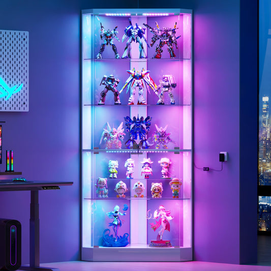 HNEBC Corner Display Cabinet with - RGB Lights and Glass Shelves,5-Tier Showcase Display Case with Glass Doors & Human Body Sensor,69" Corner Curio Cabinet for Collectibles/Toys,Storage Cabinet（White）