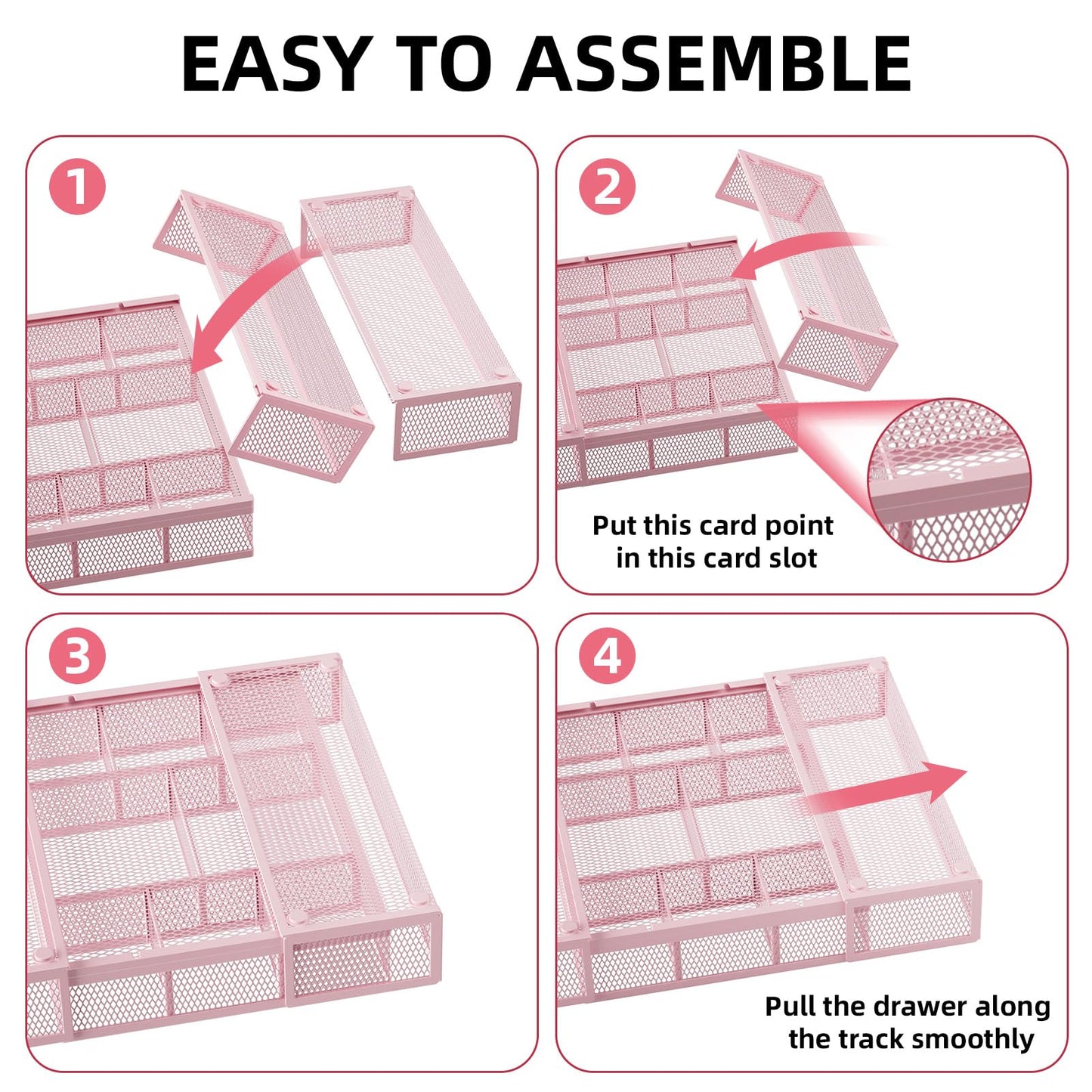 Marbrasse Expandable Desk Drawer Organizer, Mesh Tray with 10 Adjustable Compartments, Desk Organizers for Office Supplies, Makeup & Vanity (Expandable-Pink)