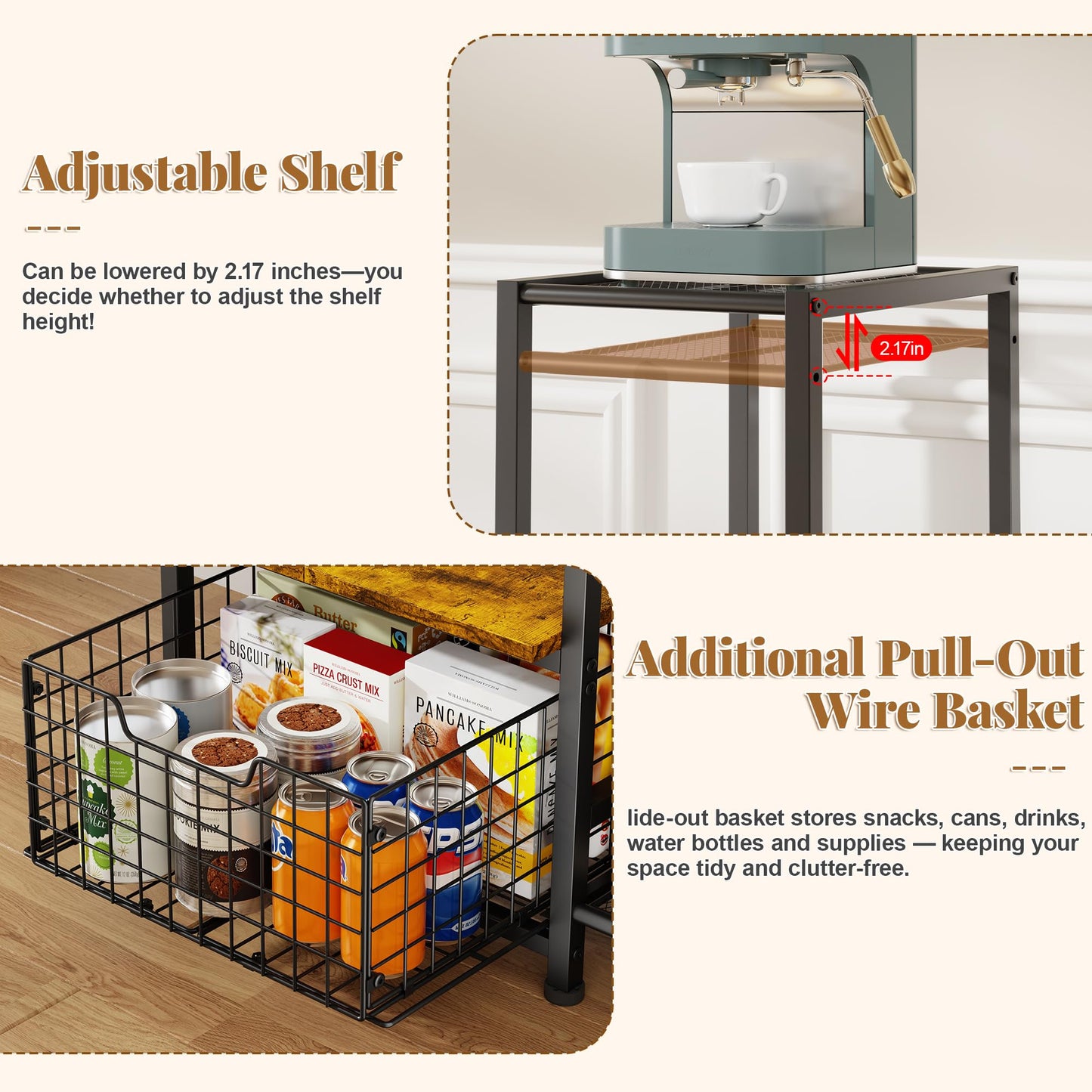 Yuyetuyo Mini Fridge Stand with Storage, Coffee Bar with Mini Fridge Space, Small Refrigerator Stand, Wine Cabinet, Kitchen Storage with Basket for Dorm, Apartment, Living Room, Office