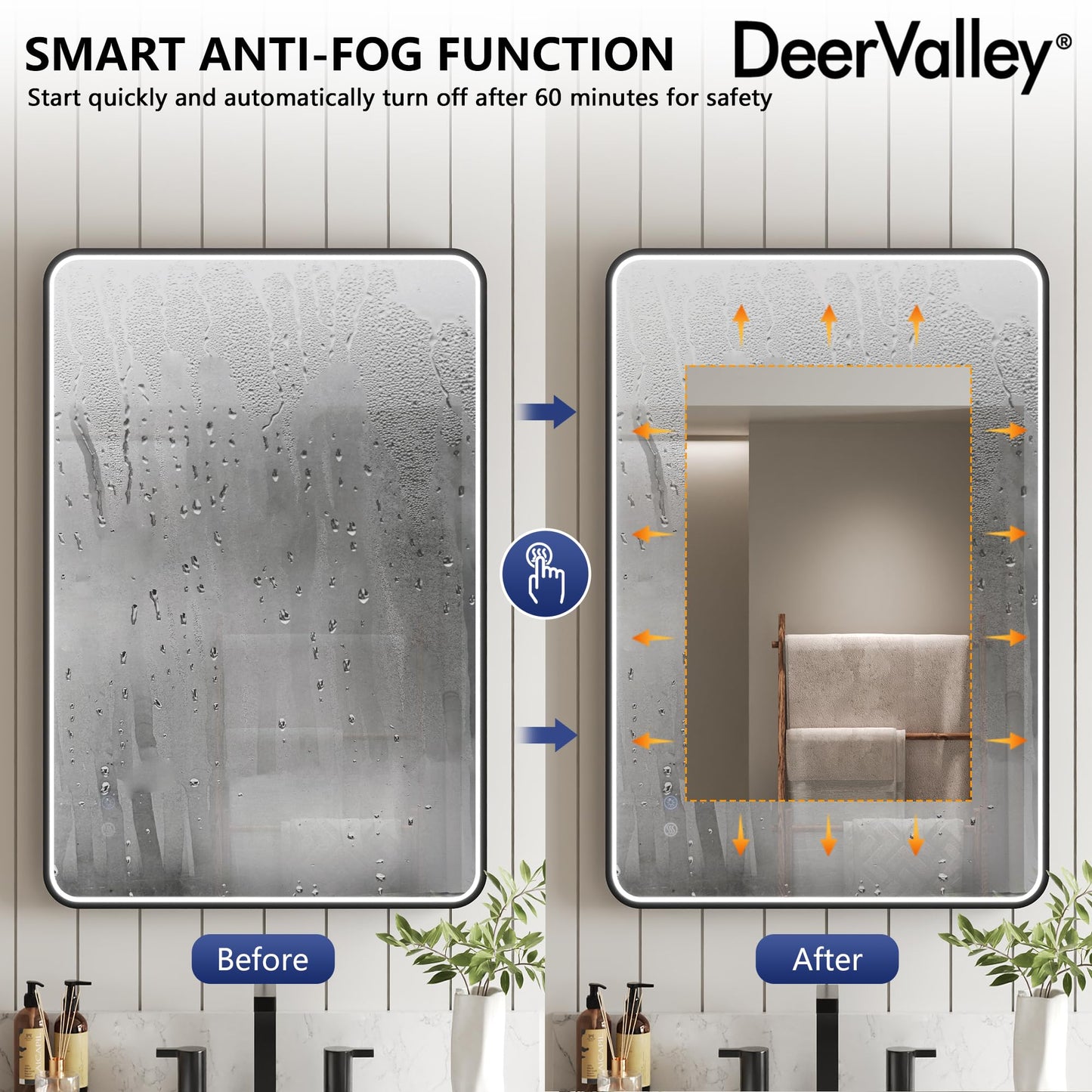 DeerValley 24"x 36" LED Bathroom Vanity Mirror, Wall Mounted Lighted Mirrors with Black Metal Frame, Anti-Fog, Memory Funtion, Stepless Dimmable Wall-Mounted Led Mirror for Bathroom