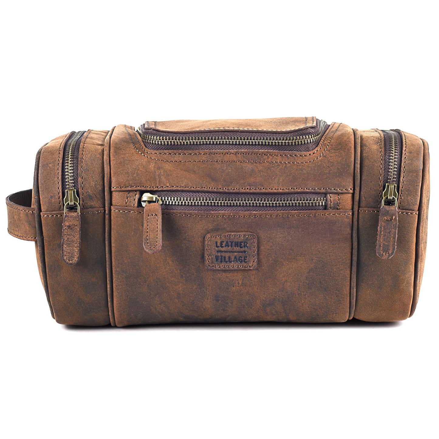 LEATHER VILLAGE Genuine Leather Travel Dopp Kit for Men & Women – Water-Resistant Large-Capacity Hanging Toiletry Bag for Travel, Grooming, Bathroom Organization, Shaving Essentials & Gym Use - Brown