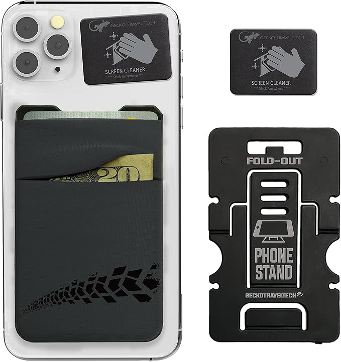 Gecko Travel Tech Double Pocket - Adhesive Card Holder - Cell Phone Pouch - Stick on Spandex Pocket - Carry Credit Cards and Cash (Gray - TIRE)