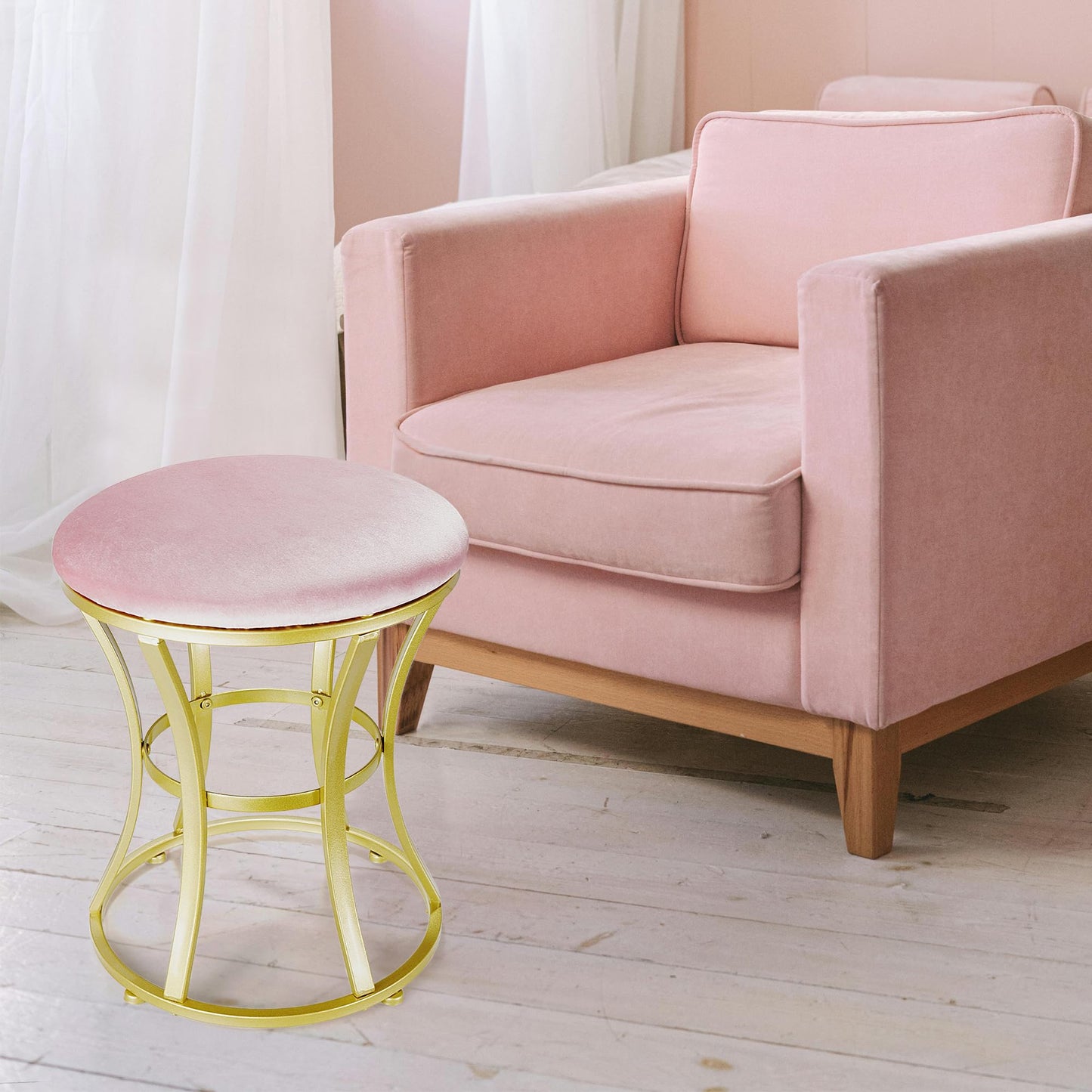 Ellensamqi Velvet Round Vanity Stool Chair,Pink Velvet Footrest Ottoman Foot Stool Seat with Golden Metal Legs,Makeup Chair for Bathroom Vanity,Bedroom,Living Room