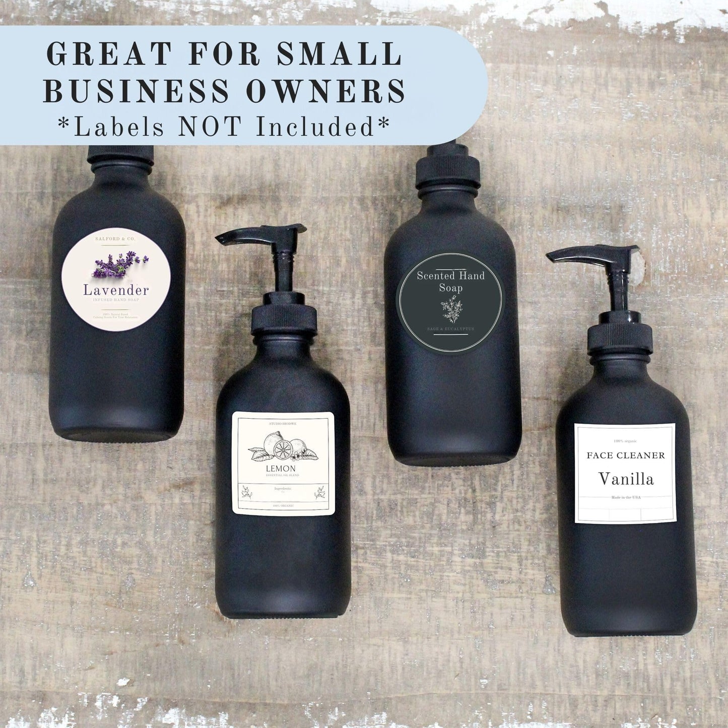 Cornucopia Brands Black Coated 8-Ounce Glass Pump Bottles (4-Pack), Great for Lotions, Liquid Soap, Aromatherapy and More