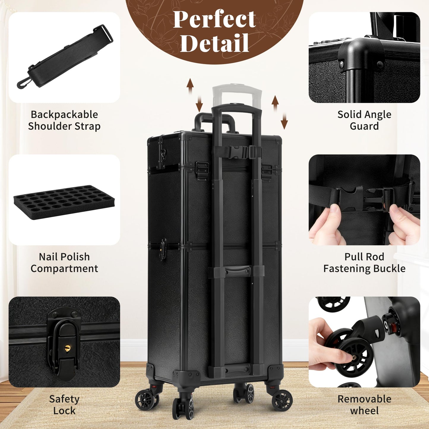 AROUS Rolling Makeup Case with 3 Drawers, Cosmetology Case on Wheels 5 IN 1 Makeup Train Case Make Up Organizer for Artist Salon Nail Teach Trunk,Black
