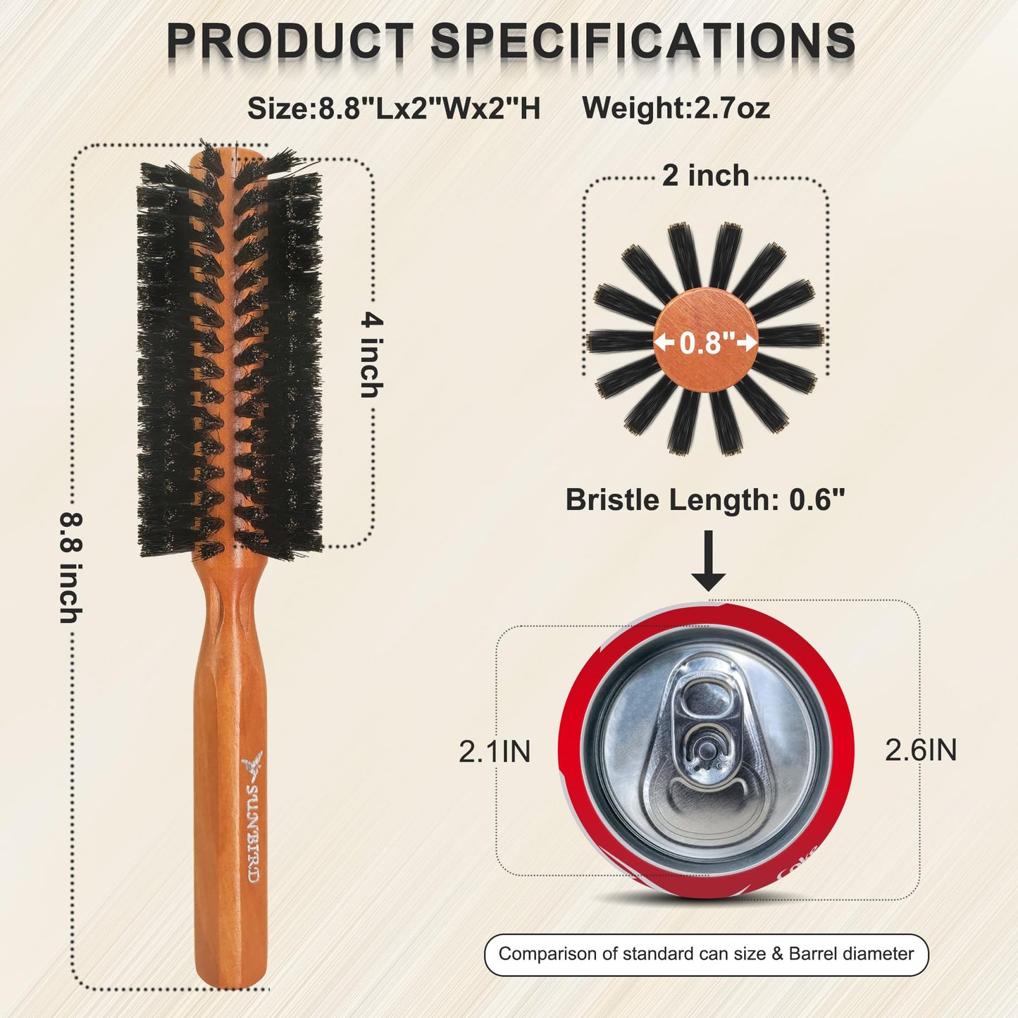 SUNBIRD Boar Bristle Round Hair Brush, 2.0 Inch