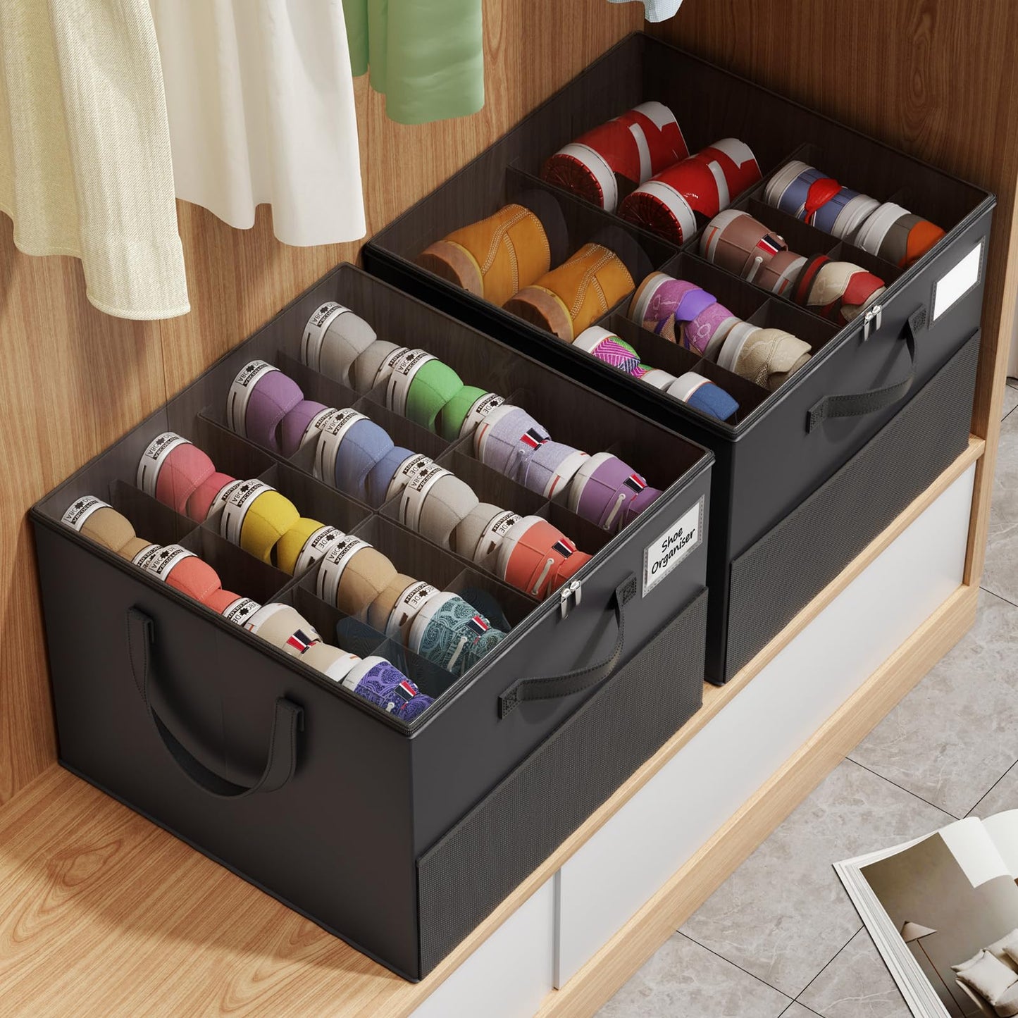 Large Reinforced 2 Pack Shoe Organizer for Closet with Adjustable Dividers