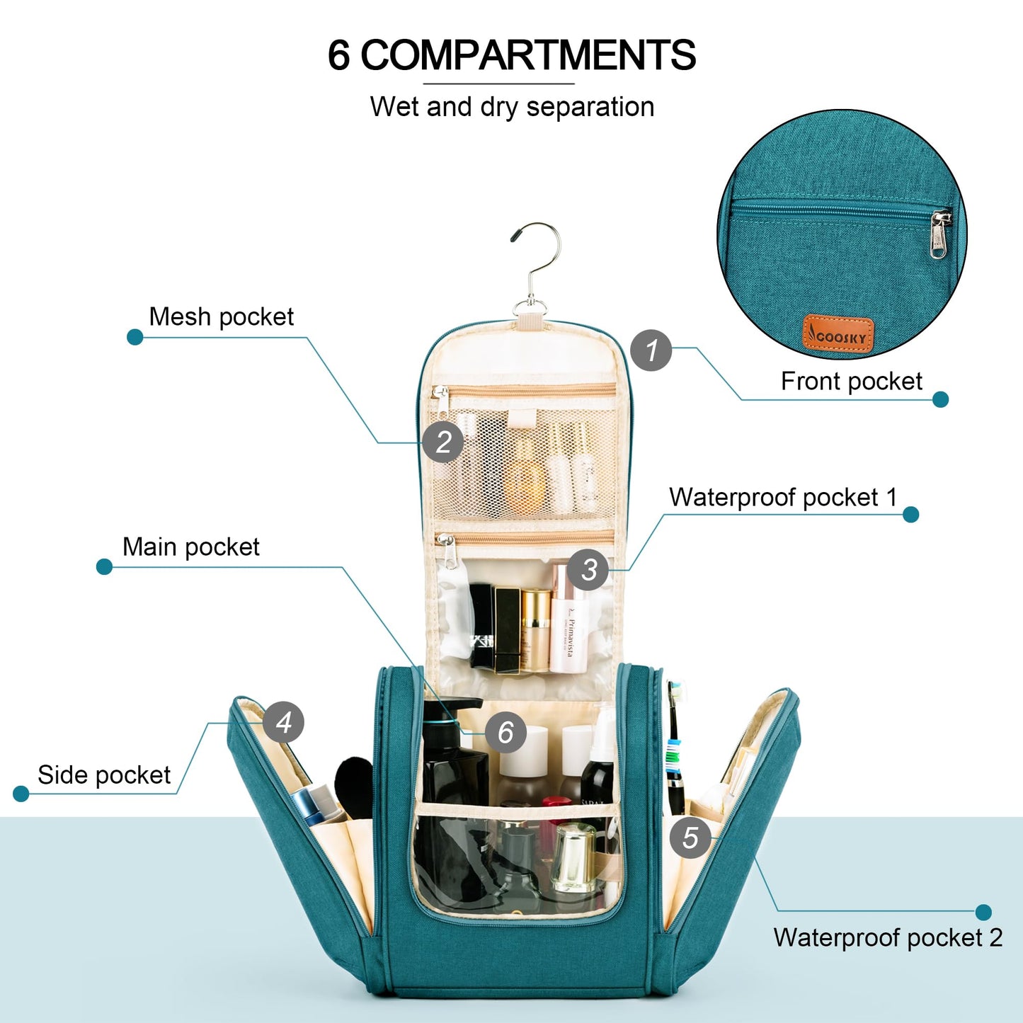 COOSKY Hanging Travel Toiletry Bag for Women and Men, 6 Organizer Compartments, Large Toiletries essentials, Bathroom Cosmetic Accessories, Water-resistant Makeup Bag, Holds Full-Size Shampoo, Blue