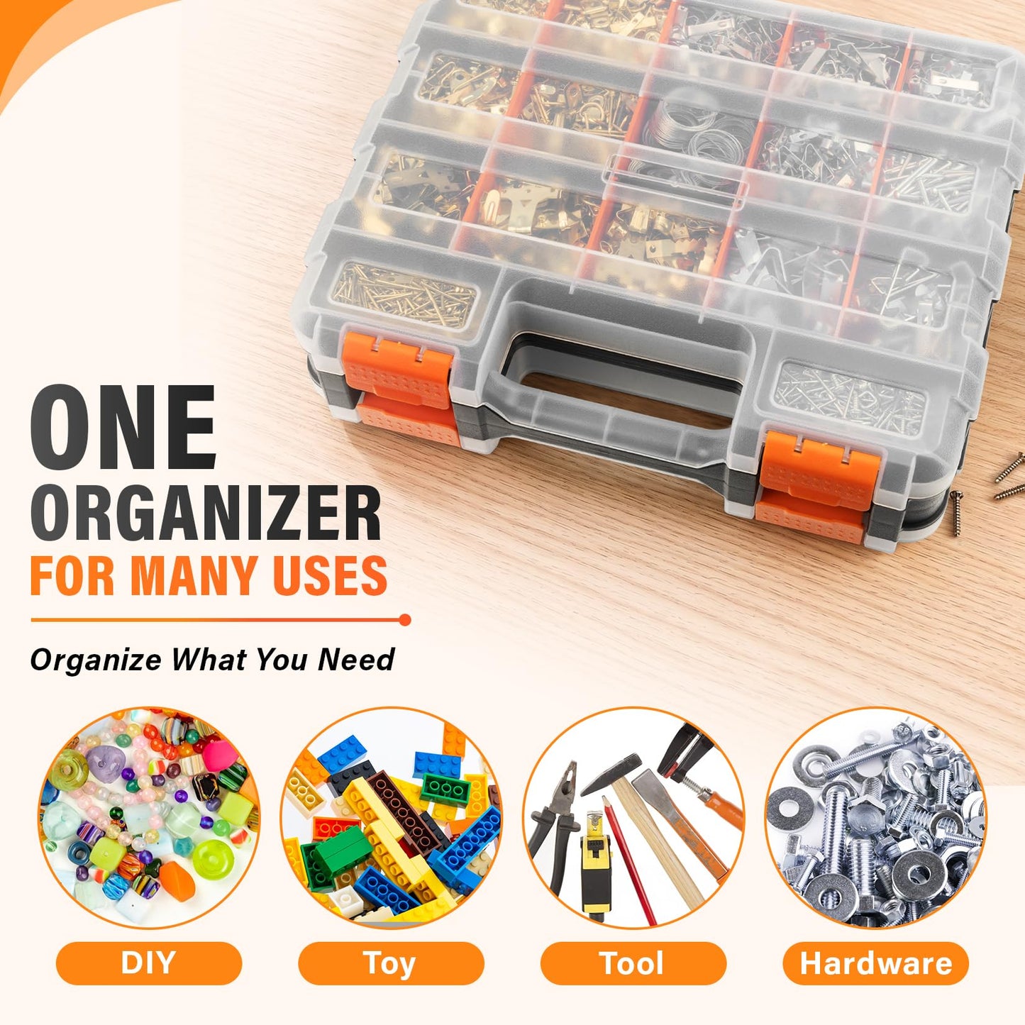 DIYSELF Screw Organizer, Double-Sided 34-Compartment Small Parts Organizer, Hardware Organizers with Adjustable Space, Clear-Lid Compartment Storage Box for Hardware, Crafts, Beads, Nuts and Bolts