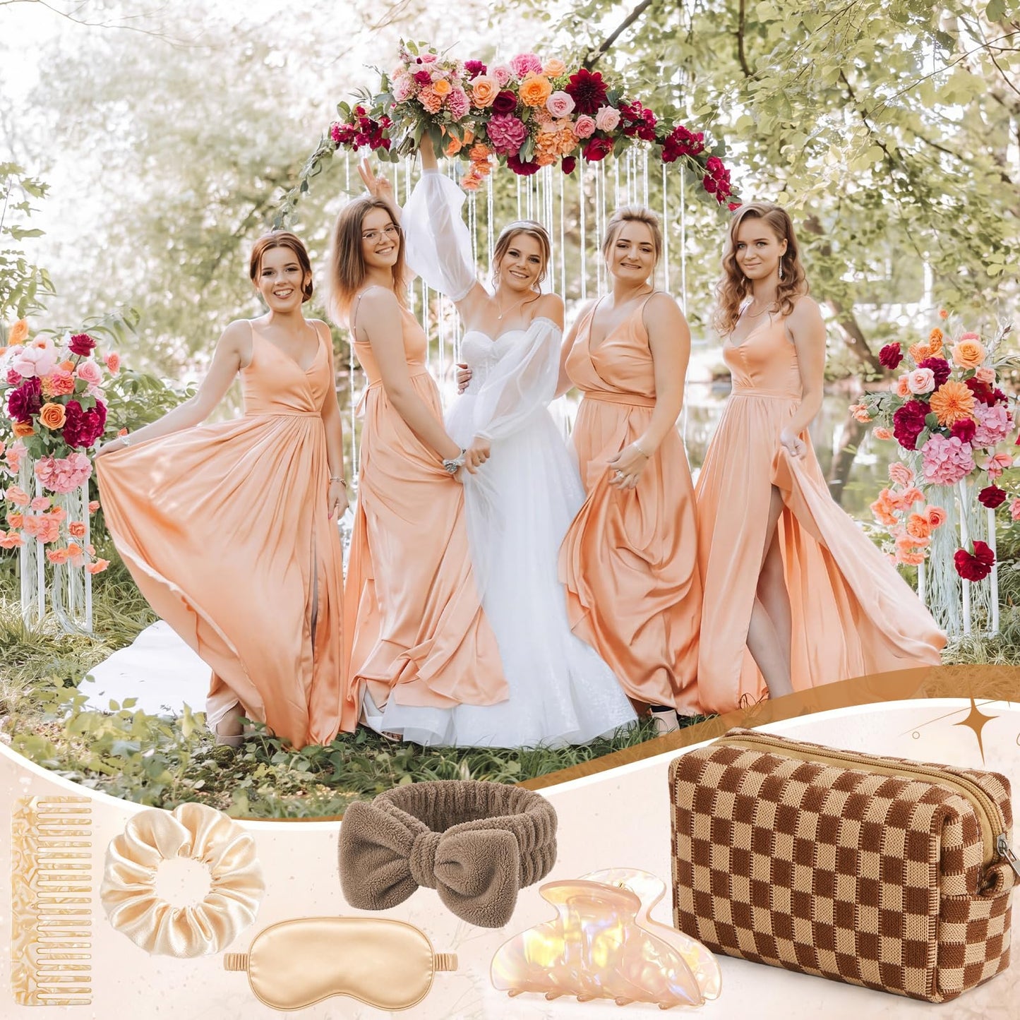 Kacctyen Champagne 36 Pcs 6 Set Bridesmaid Proposal Gift, Bridal Party Gift, Cosmetic Bag Sleep Mask Scrunchie Headband Hair Claw Clip & Comb for for Wedding Shower & Bachelorette Party Favor (Plaid)