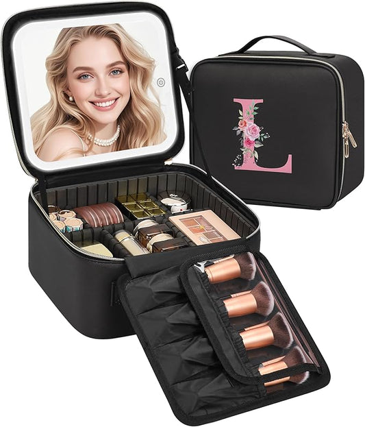 Relavel Initial Makeup Bag with LED Mirror for Women Girls, Personalized Travel Cosmetic Organizer Train Case, Birthday Gifts for Grandkids Bridesmaid Graduation Teacher Friends, Trendy Stuff, Black L