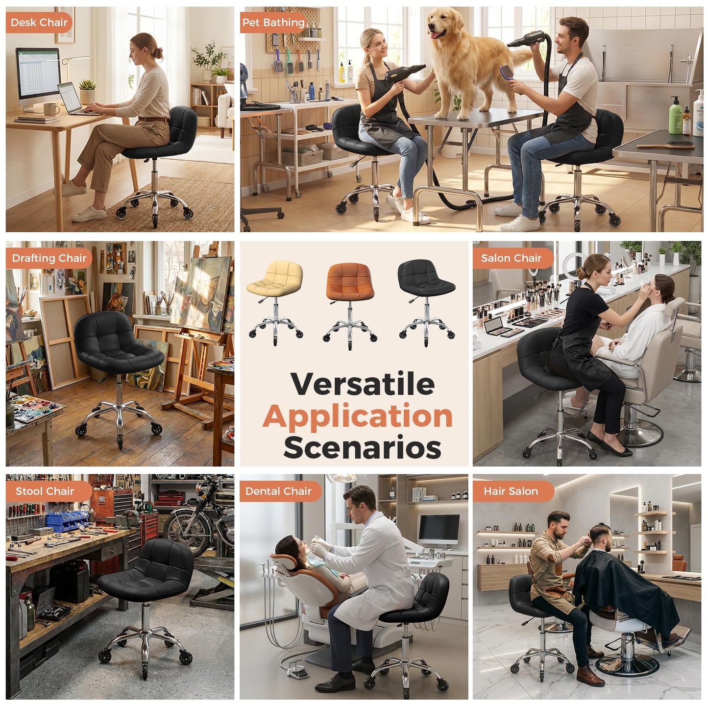 Rolling Stool Chair with Wheels, Height Adjustable Stool with Back Support, Office Drafting Chair with PU Leather Cushion for Home Office Kitchen Vanity Salon Garage Tattoo Dentist Esthetician(Black)