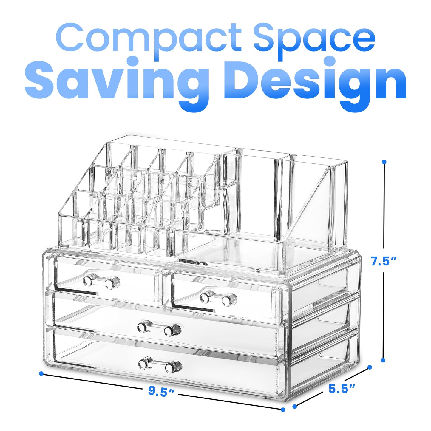 Masirs Clear Makeup Organizer - 16-Compartment Cosmetic and Jewelry Holder with 4 Drawers - Vanity Storage Box for Makeup, Skincare, Accessories, and Jewelry Display