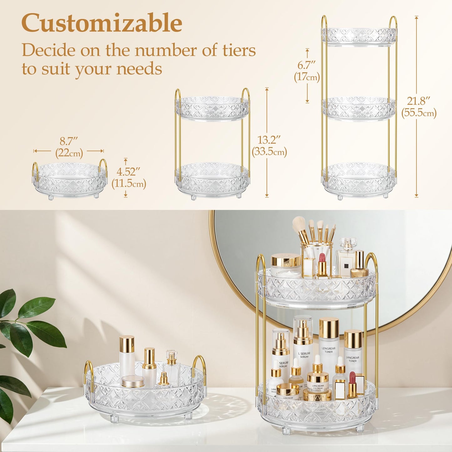 LAREKUN 360 Rotating Makeup Organizer for Vanity, 3 Tier Adjustable Perfume Organizer for Dresser, Multi-Function Spinning Cosmetics Skincare Storage for Bedroom, Dresser, Countertop, Clear