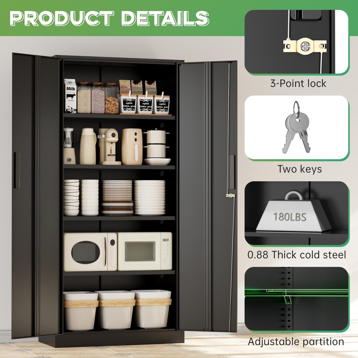 INTERGREAT Metal Storage Cabinet with Lock, 72" H Lockable Metal Storage Cabinet with Locking Doors, Steel Storage Lockers with Adjustable Shelves for Office, Home, Garage, Gym, School (Black)