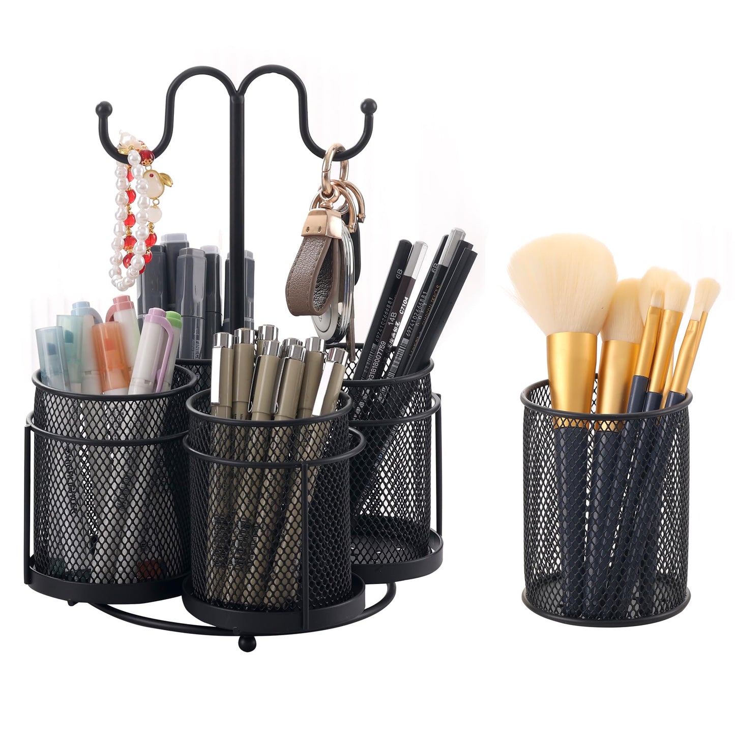 ifory 360° Rotate Makeup Brush Holder Organizer, 4-in-1 Metal Mesh Makeup Organizers Countertop with Jewelry Rack, Makeup organization and Skincare Storage for Vanity, Desktop, Bathroom (Black)