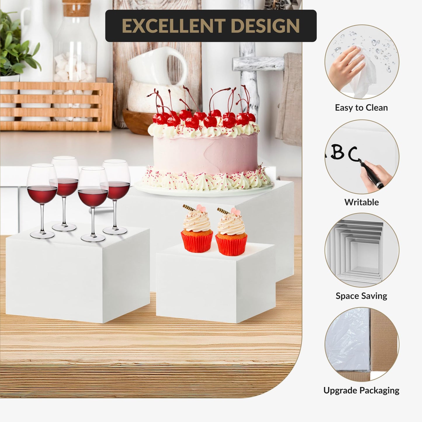 Garvee 6-Piece White Stackable Display Risers for Desserts – Multi-Sized Food Stands for Bakery, Wedding, Buffet, and Retail Display (Nesting & Space-Saving)