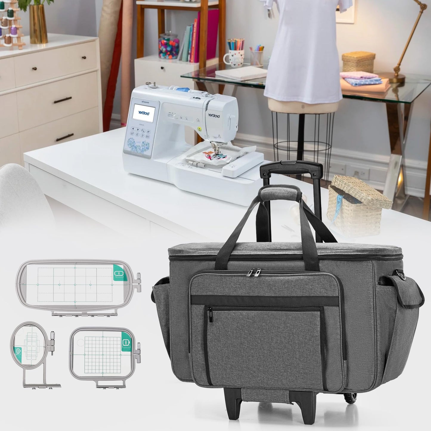 CURMIO Sewing and Embroidery Machine Carrying Case with Wheels, Rolling Embroidery Machine Tote Bag with Bottom Support Board Compatible with Brother SE600, PE535 Embroidery Machine, Gray