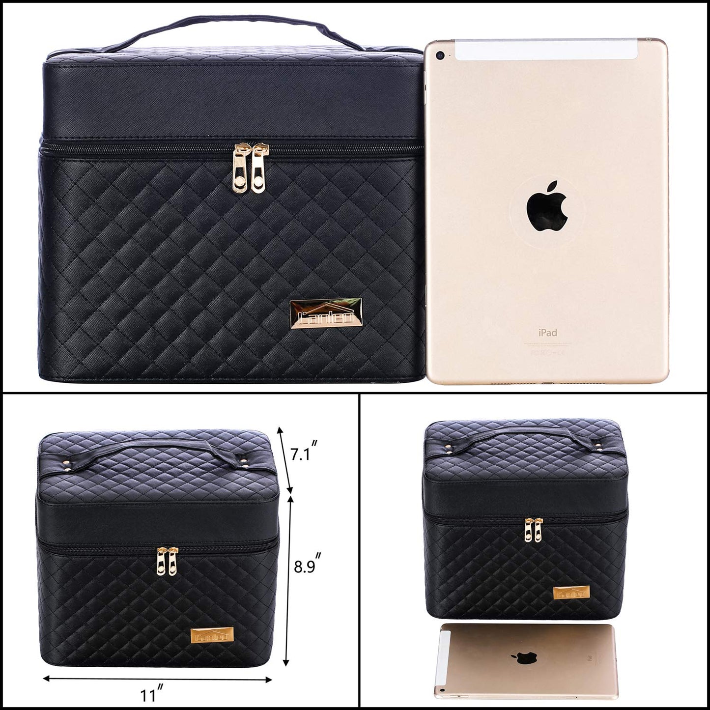 Sooyee Makeup Bag Cosmetic Bag with Mirror, 4 Layer Foldable Tray Makeup Organizer Open to the Sides, Makeup Travel Bag for Women, Train Case, Black