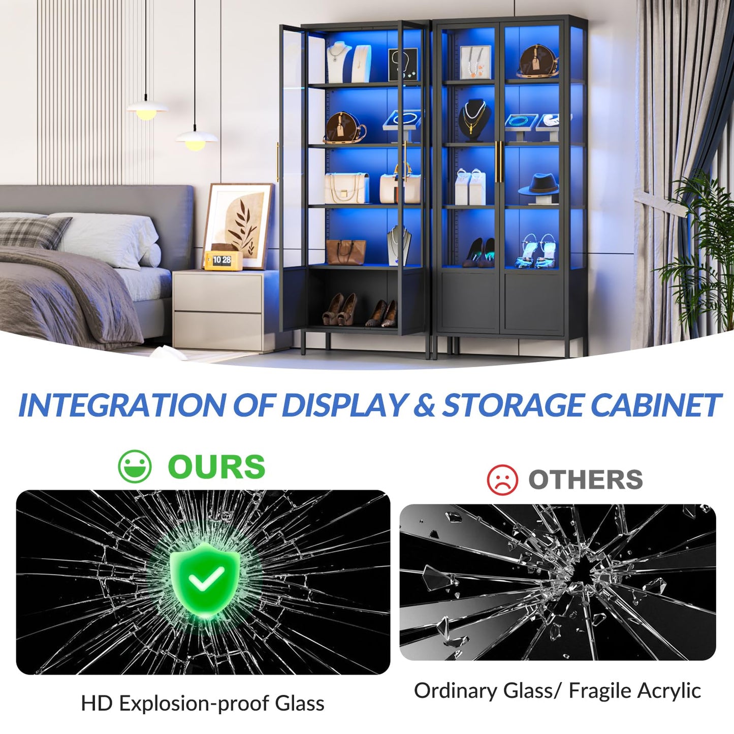 WOOW DEPOT 5-Tier Glass Display Cabinet with 13 Color Lights, 67" H Lighted Curio China Cabinet with 2 Glass Doors & Adjustable Shelves, Tall Metal Storage Cabinet Display Case for Collectibles,Black