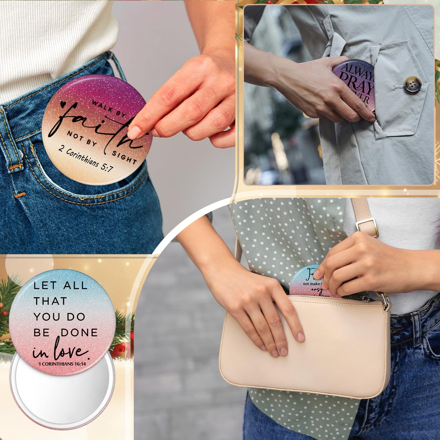 GlikCeil 40 Pcs Christian Compact Mirror Bulk for Women Inspirational Bible Verse Pocket Mirrors Mini Purse Makeup Mirror Christian Church Gift for Women VBS Church Party Favors