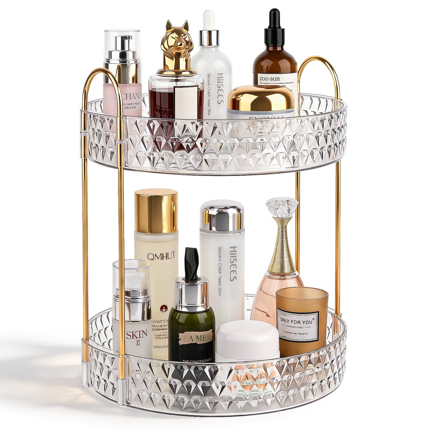 Rotating Makeup Organizer for Vanity, 2 Tier Perfume Skincare Storage for Women, Bathroom Counter Organizer, 360° Spinning Cosmetic Holder for Dresser Countertop, Clear