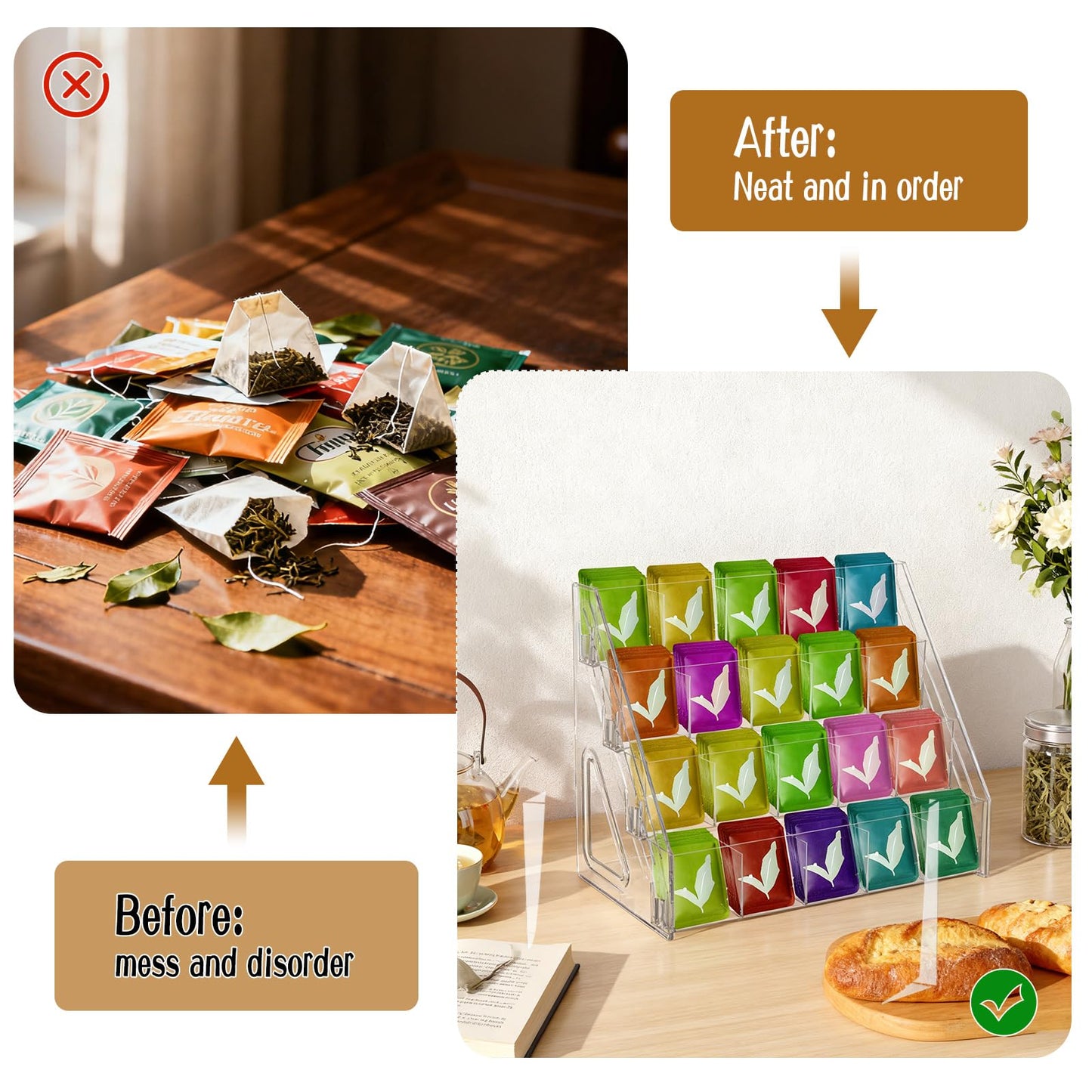 HFYZZ Tea Bag Organizer Display Stand, 4 Tier Clear Acrylic Tea Packet Storage Holder for Kitchen Countertop Cabinet Pantry Office Tea Bag, Coffee, Sugar Packets, Creamers Organization