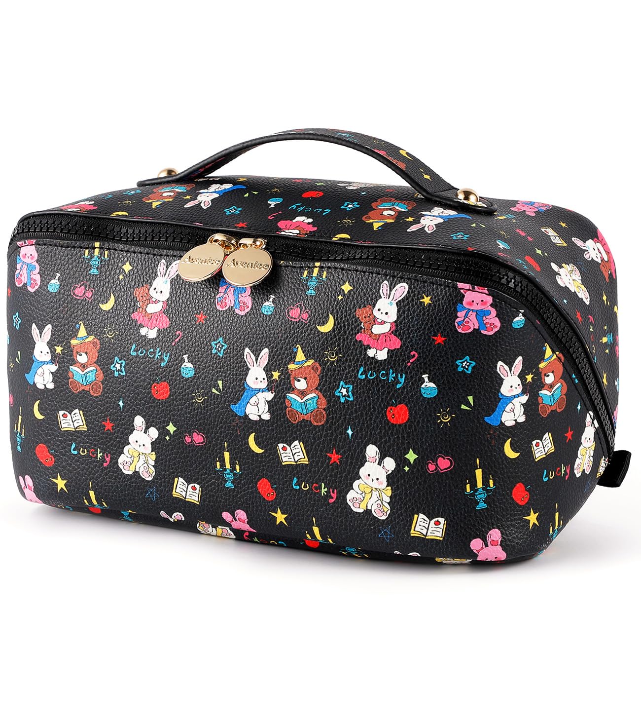 Aveniee Travel Makeup Bag for Women, Large Cosmetic Organizer with Open-Flat Design, Clear Divider & Handle - Waterproof PU Leather Toiletry Case (BunnyPattern)