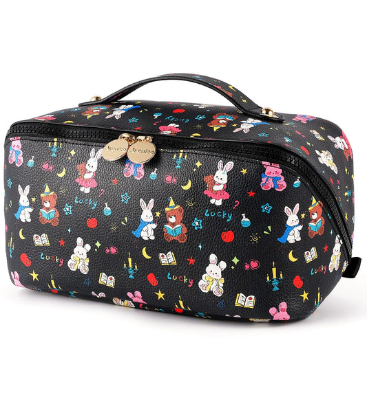 Aveniee Travel Makeup Bag for Women, Large Cosmetic Organizer with Open-Flat Design, Clear Divider & Handle - Waterproof PU Leather Toiletry Case (BunnyPattern)