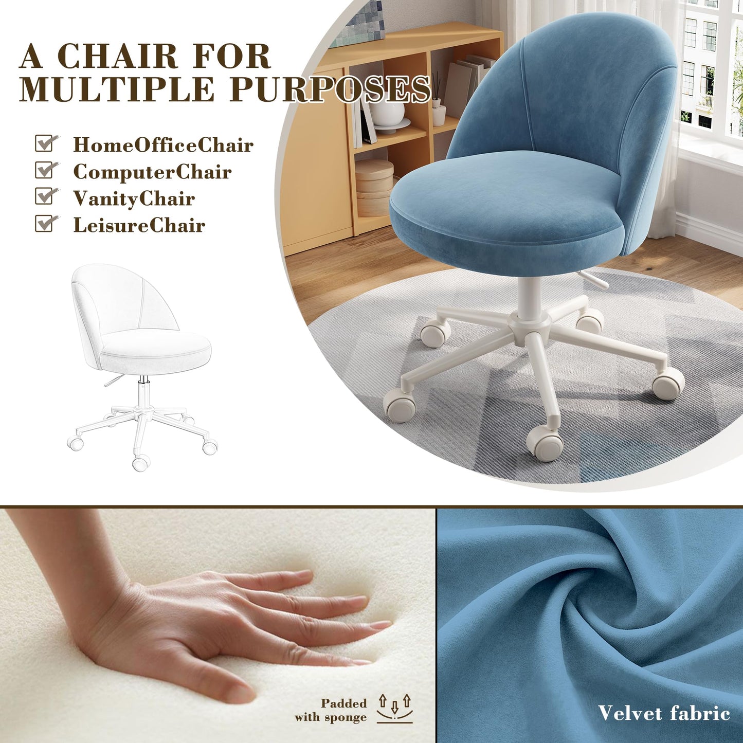 EnHomee Velvet Vanity Chair with Wheels, Armless, Height Adjustable, Blue