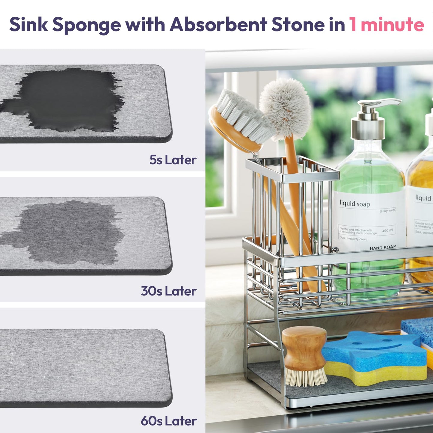 SWTYMIKI Kitchen Sink Caddy Organizer, 2 Tier Sponge Holder for Kitchen Sink with Instant Drying Stone, Removable Brush Holder for Fast Drying on Countertop, Silver