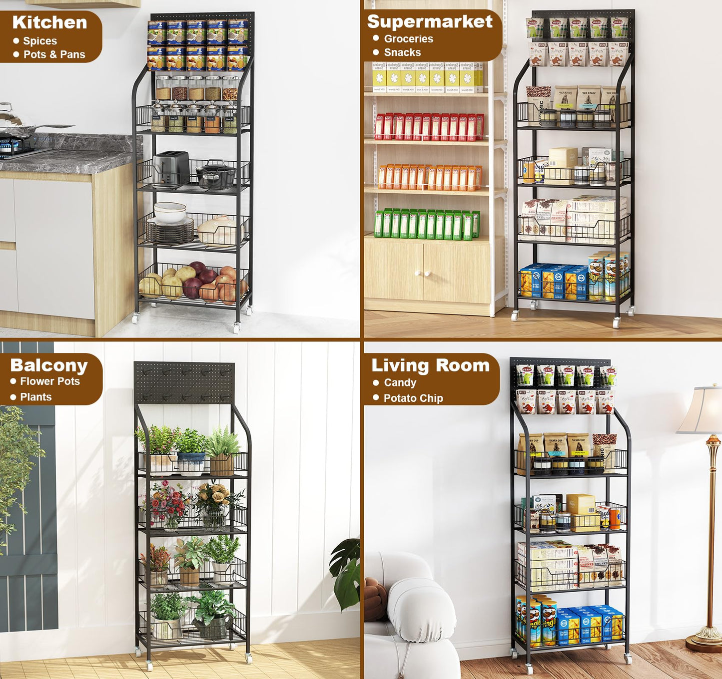 Nisorpa 4 Tier Supermarket Retail Display Racks, Free-Standing Metal Snack Candy Display Racks Shelf with Wheels Chips Rack Display Stand for Home Convenience Stores Kitchen, 19.6x56.2x10.6 Inches