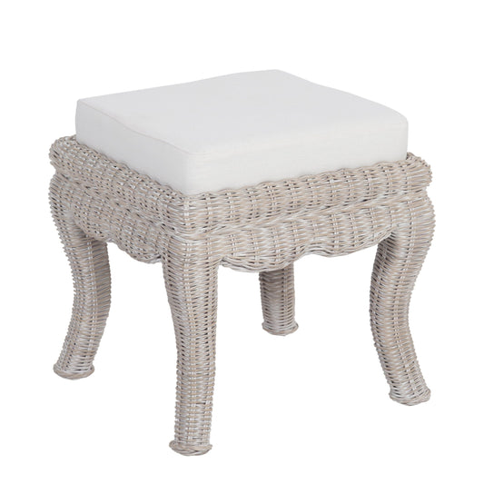 JONATHAN Y Rowan Woven Rattan Vanity Stool with White Cushion, 18.5" Coastal Backless Makeup Chair for Bedroom & Bathroom, Gray White Wash Mango Wood Wicker Ottoman Footrest VSL1000C