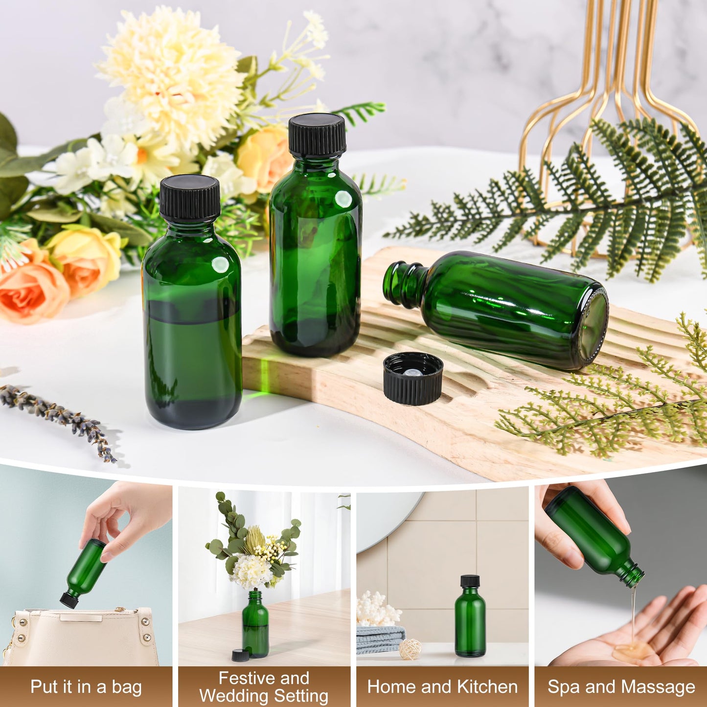Exlvanto Small Glass Bottles with Lids Boston Round Shot Bottles for Health, Immunity, Ginger Juice, Essential Oils, Potion - Leak Proof Mini Travel Containers (Green UV, 2oz-24Pack)