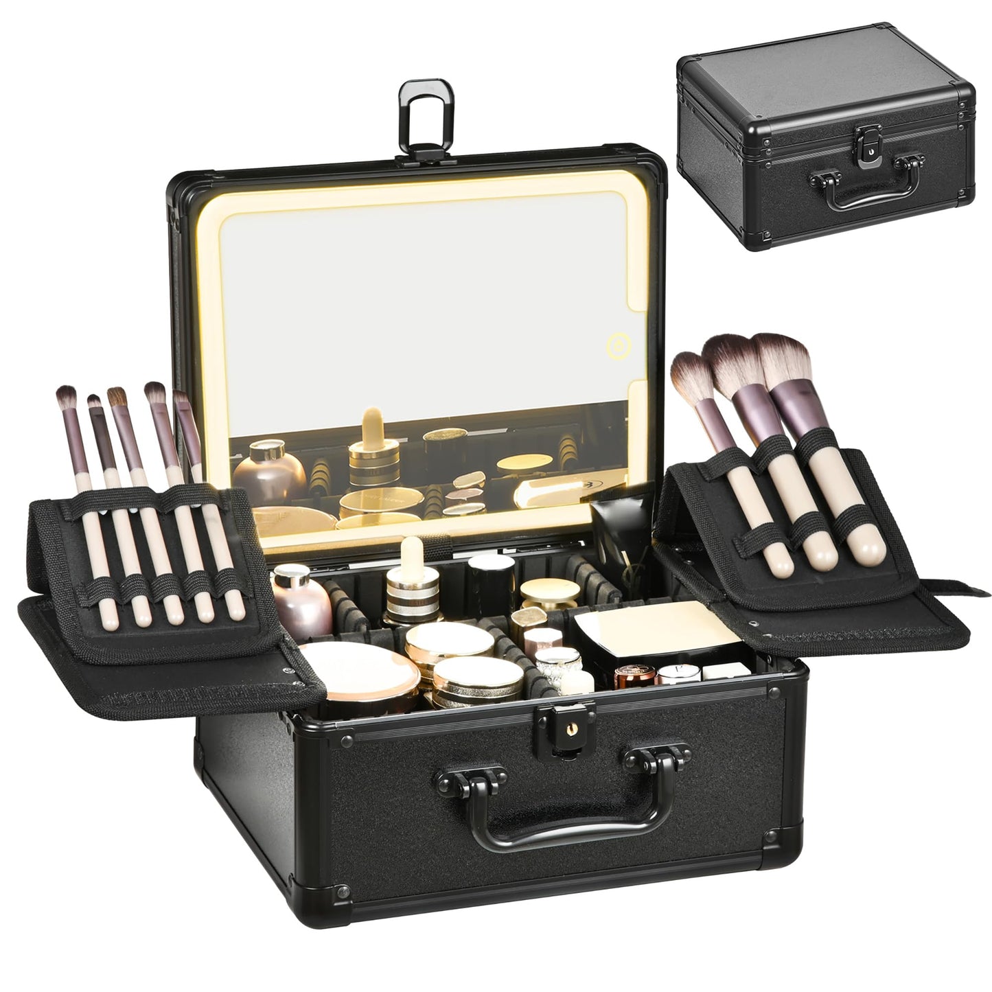 GALHUBIS Makeup Case with Lighted Mirror, Makeup Box Organizer with Detachable LED Mirror, Travel Makeup Train Case, Waterproof Cosmetic Organizer, Standing Makeup Brush Holder, Gift, Black