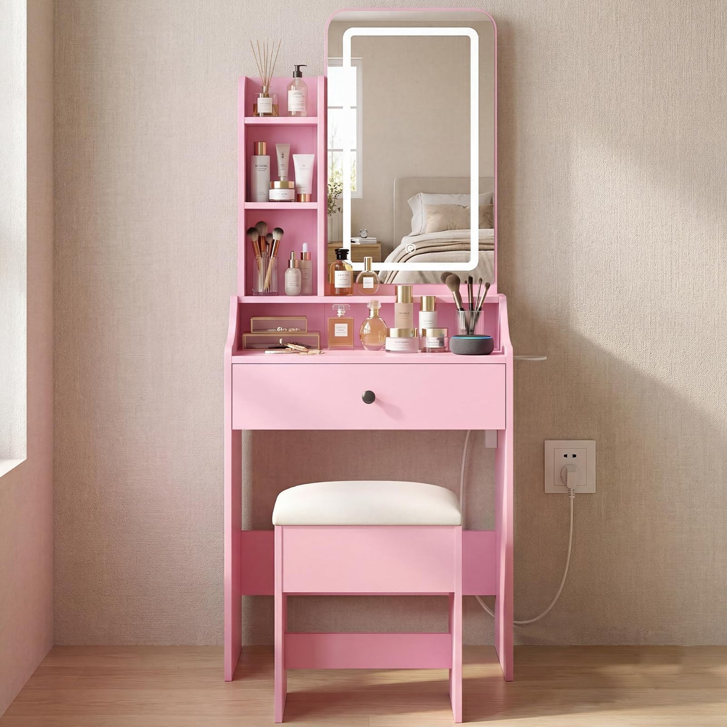 DUMOS Small Makeup Vanity Desk with LED Mirror and Storage Bench, Pink