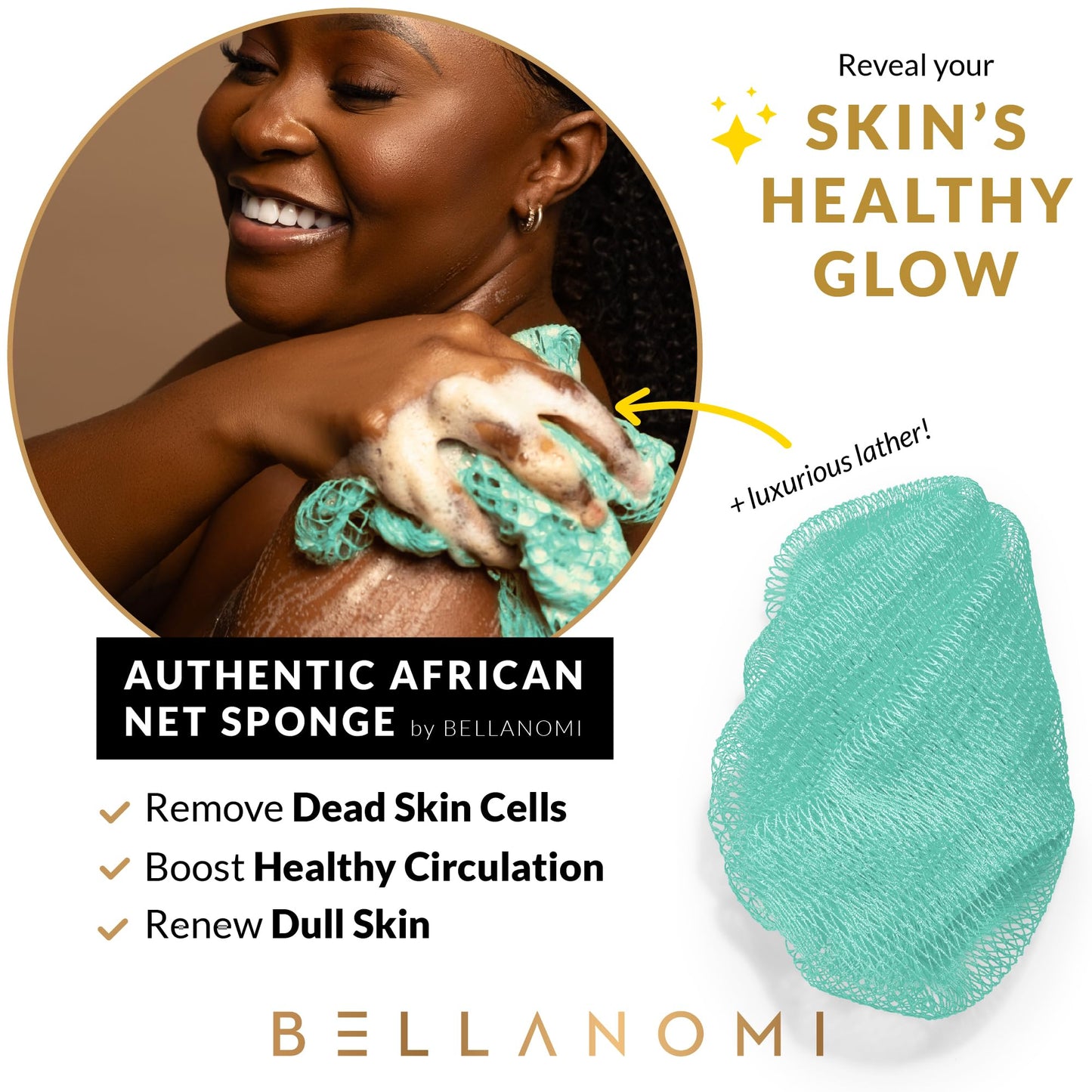 BELLANOMI 4 Piece African Exfoliating Net Sponge Long African Bath Sponge, Authentic Ethically Sourced from Nigeria, Great for Daily Use (Blue, White, Seafoam,Navy Blue)