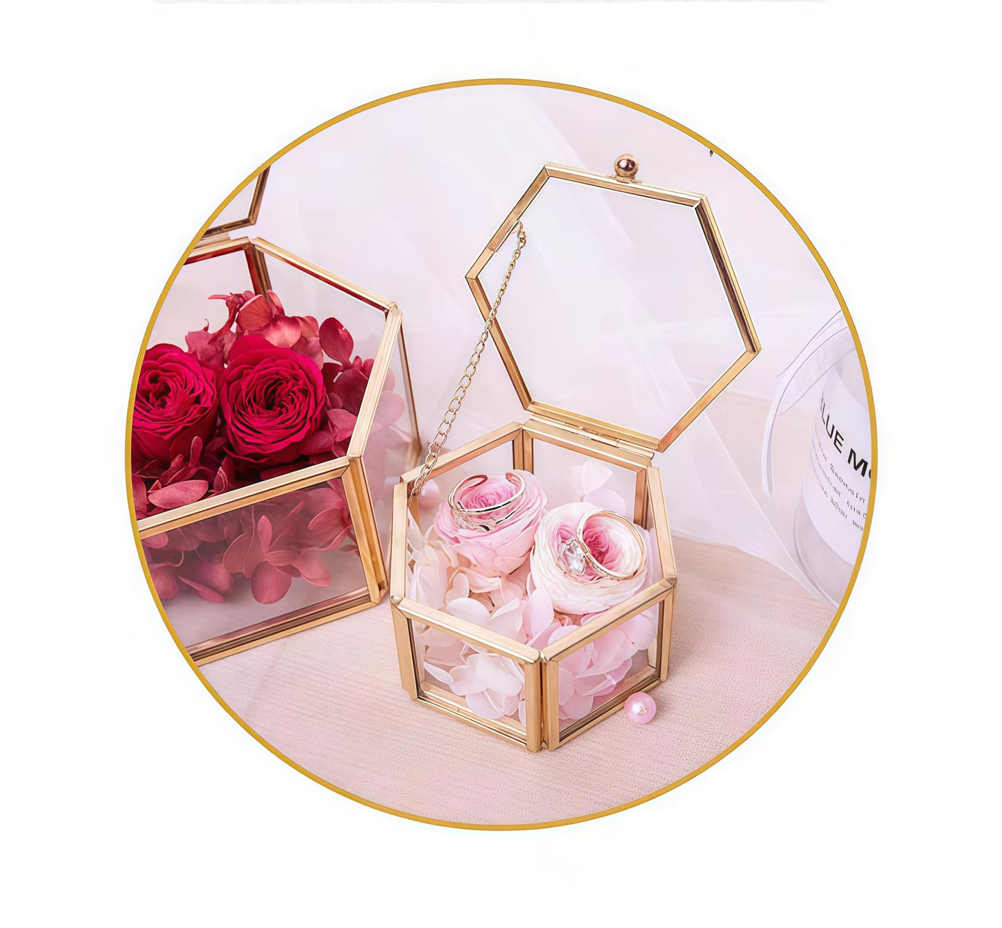 JIARI Glass Jewelry Box Small Gold Hexagonal Decorative Box Ring Earring Display Keepsake Box Case Box for Storage (Small 2 Pack)