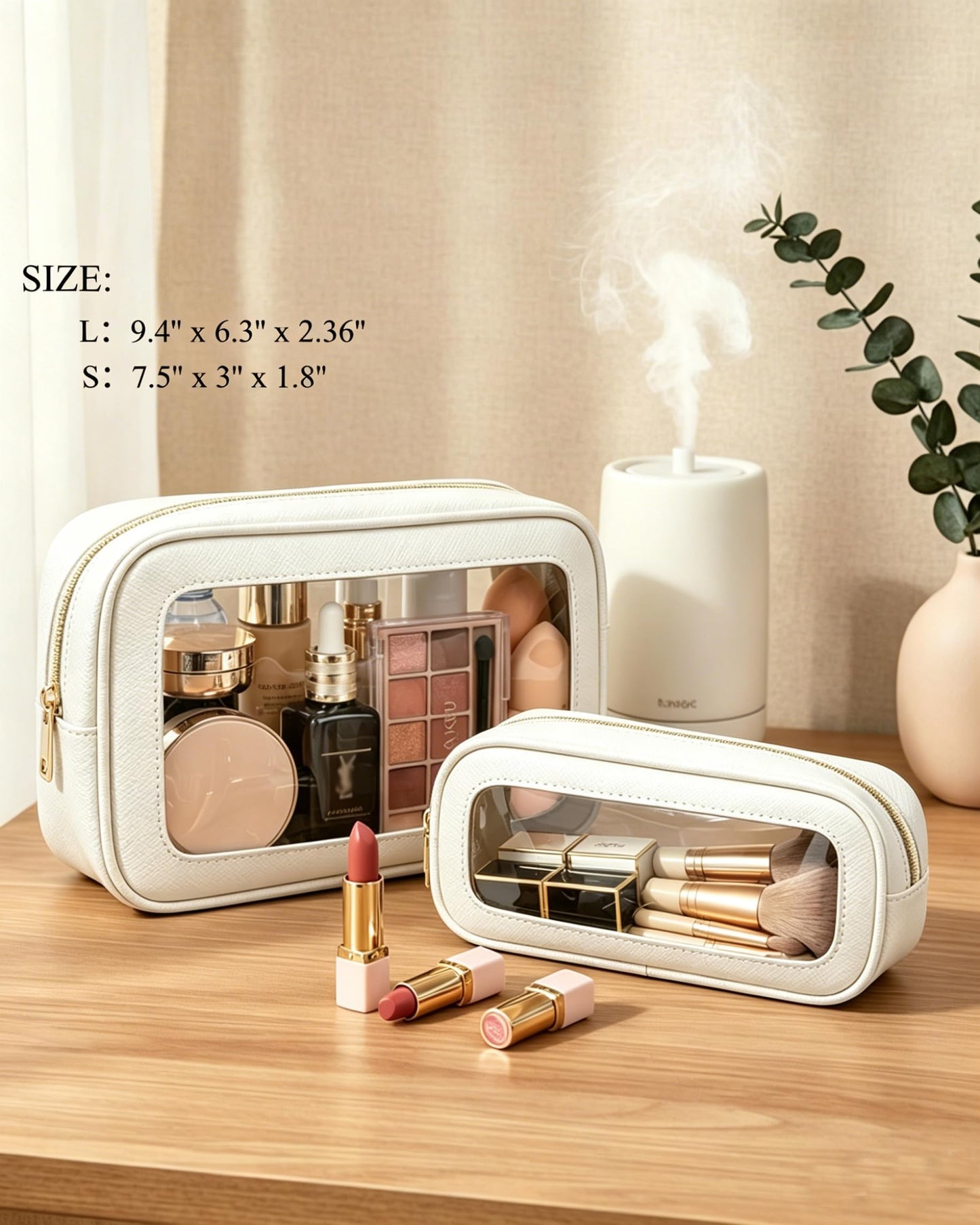 FFpaw 2Pcs Clear Makeup Bags Set - Portable Clear Cosmetic Bag Case Travel Makeup Brush Bag Waterproof Makeup Pouch TSA Approved Toiletry Bag Car Organizer Bag for Women (White Set)