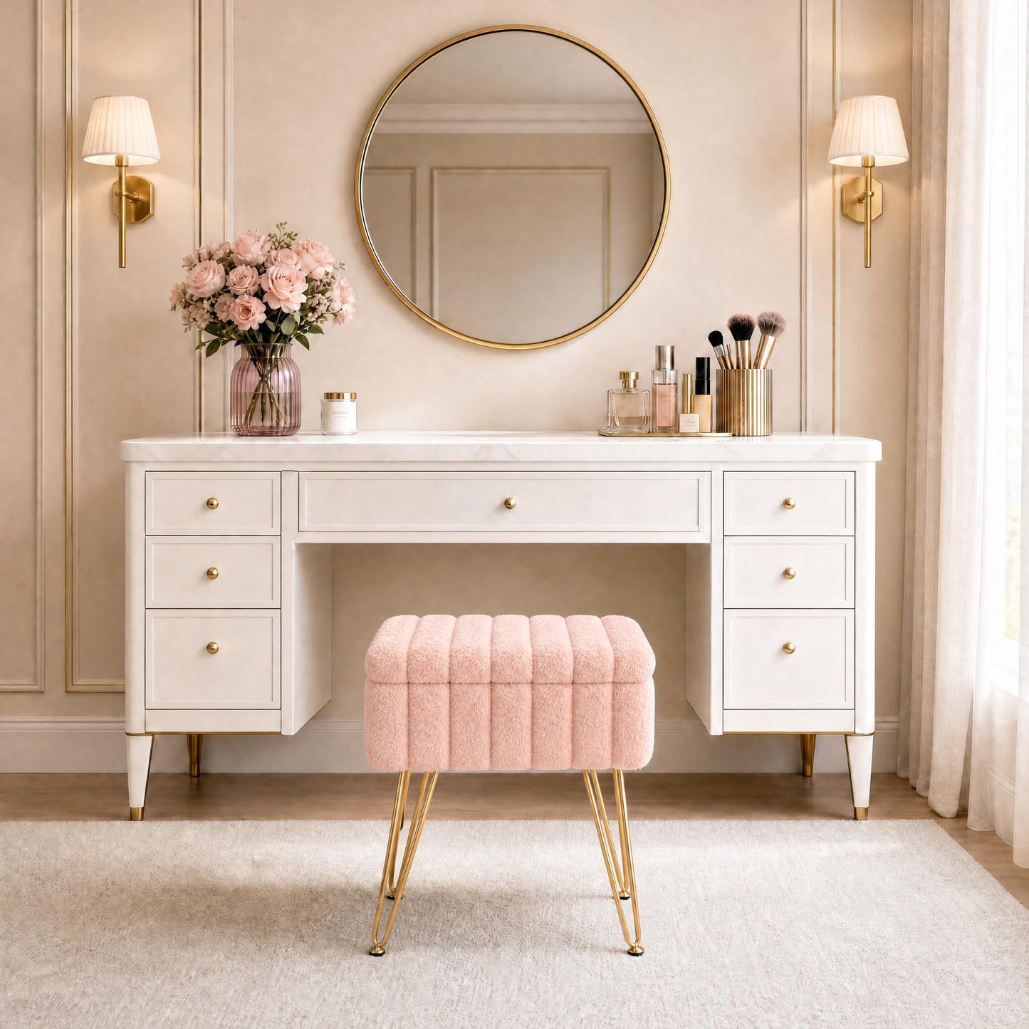 Garvee Vanity Stool with Storage, Faux Fur Ottoman with Metal Legs and Anti-Slip Feet, 15.7 x 11.8 x 18.7 Inches Soft Furry Padded Seat Foot Rest for Makeup Bedroom Living Room