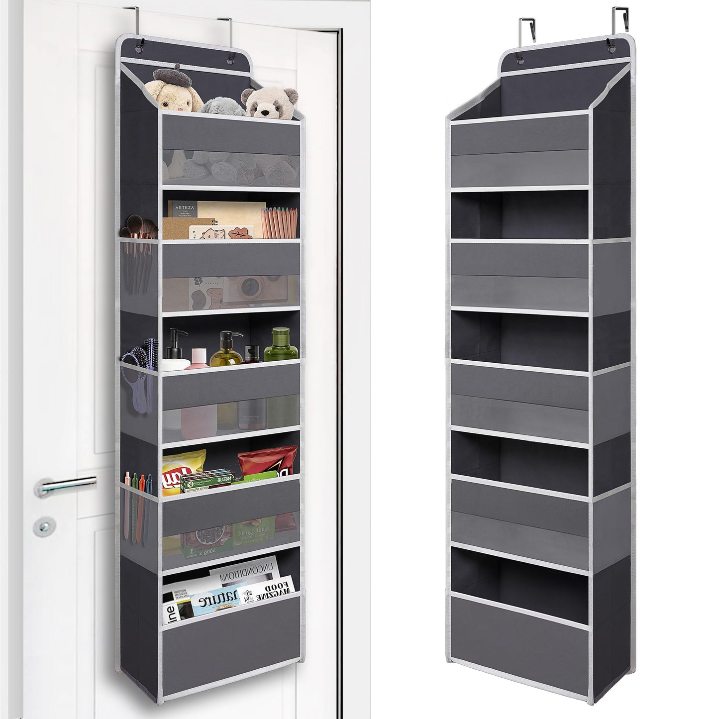 TYMENSH Gray Over Door Organizer with 5 Large Clear Pockets and 6 Side Mesh Pockets, Anti-Tilt Hanging Door Storage for Closet, Bathroom, Bedroom, Dorm, Nursery, Toys