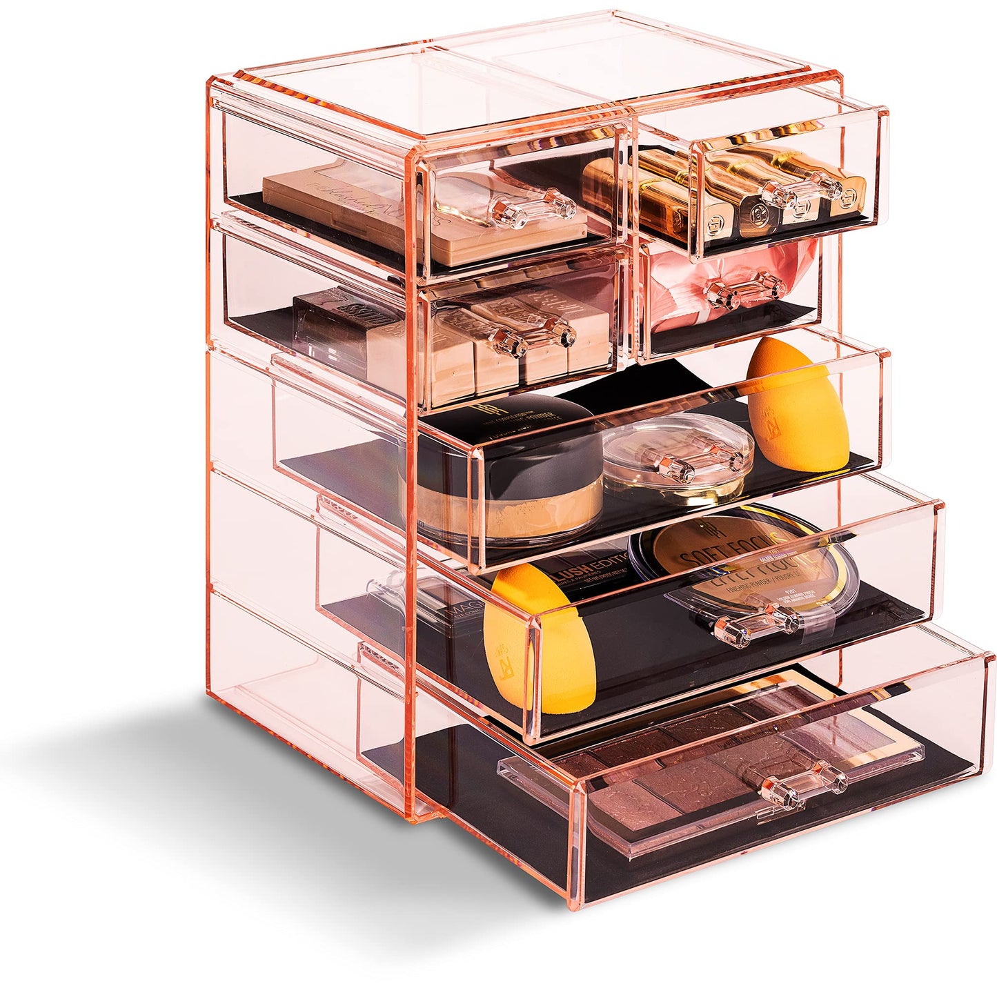 Sorbus Acrylic Makeup Organizer Set, 7-Drawer Vanity & Countertop Cosmetic Storage with Small & Wide Drawers, Pink Makeup Storage for Brushes, Lipsticks, Jewelry – Holiday Gift for Women & Teens