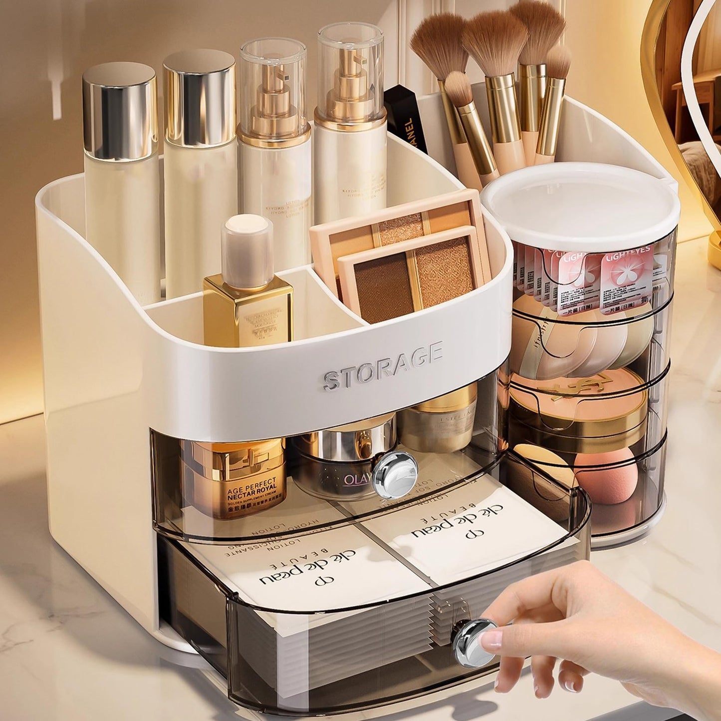 Freebirdly Makeup Organizer Countertop with Drawers, Rotating Skincare & Cosmetic Organizer for Vanity, 4 Clear Swivel Drawers, Large Capacity Make Up Storage for Cosmetics, Brushes, Jewelry