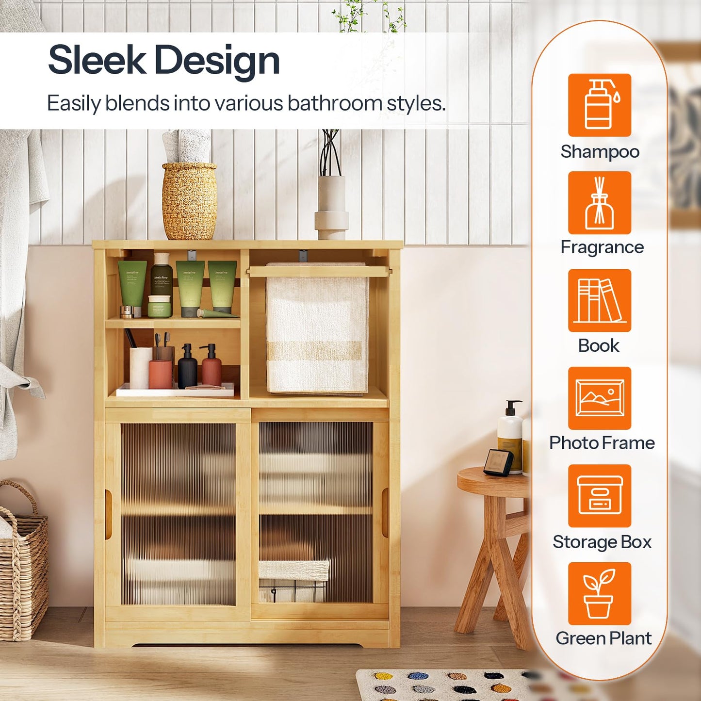HOOBRO Bathroom Floor Cabinet, Small Bathroom Cabinet with 2 Doors, Floor Storage Cabinet, Bamboo Organizer Cabinet with Adjustable Shelves for Living Room, Dining Room, Entryway, Natural