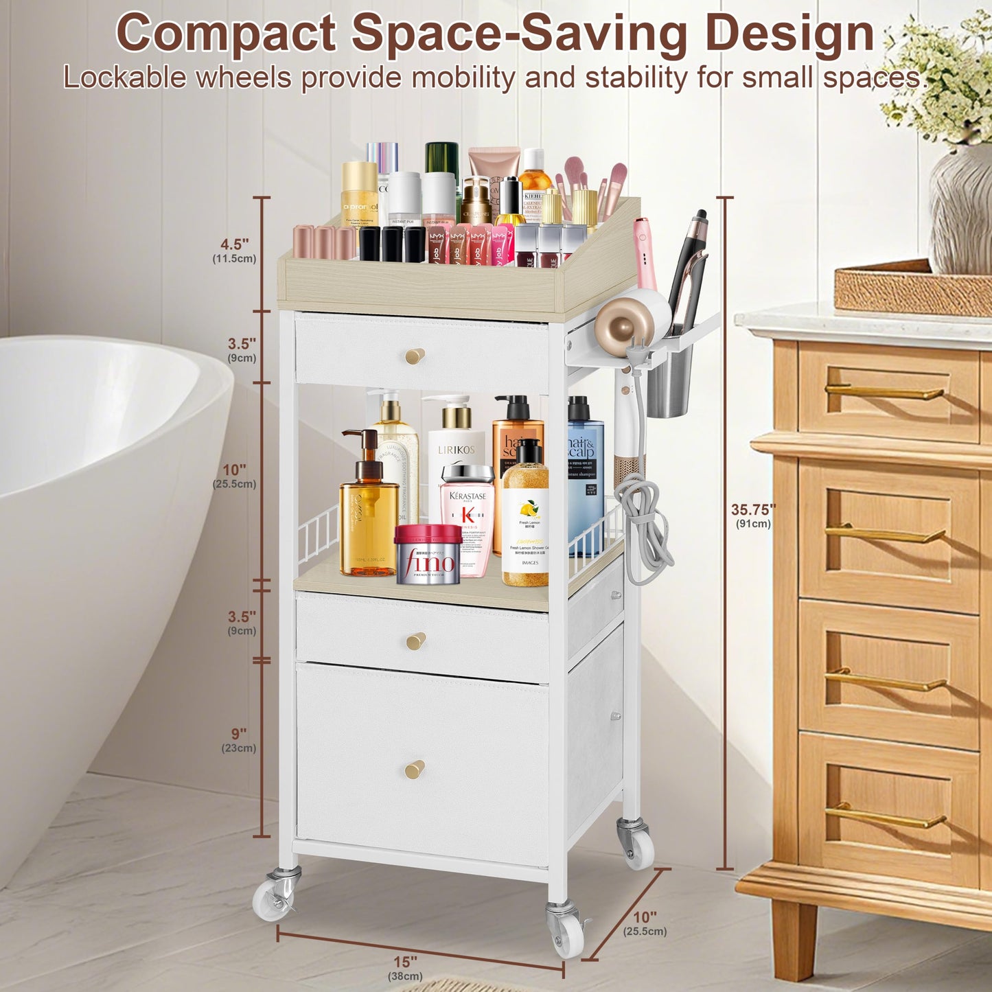 NauwaBarn Makeup Organizer Cart with 3 Drawers, Large Cosmetic Organizer with Detachable Hair Tool Holder, Makeup Cabinet Cosmetic Display Cases for Skin Care Perfume Nail Polish, White & Natural